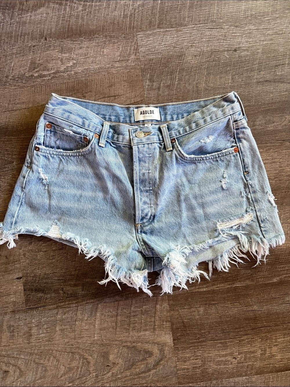 Agolde Light Wash Distressed Denim Cutoff Shorts 28 Button Fly
